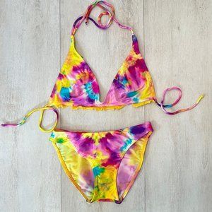 Vintage 90s Rainbow Tiedye High-Waist Bikini Set Triangle Top - Deadstock